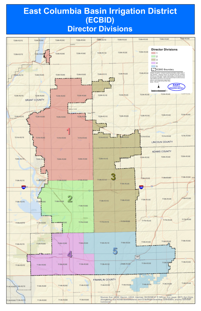 Map of the East Columbia Basin Irrigation District Division Boundaries in the state of Washington
